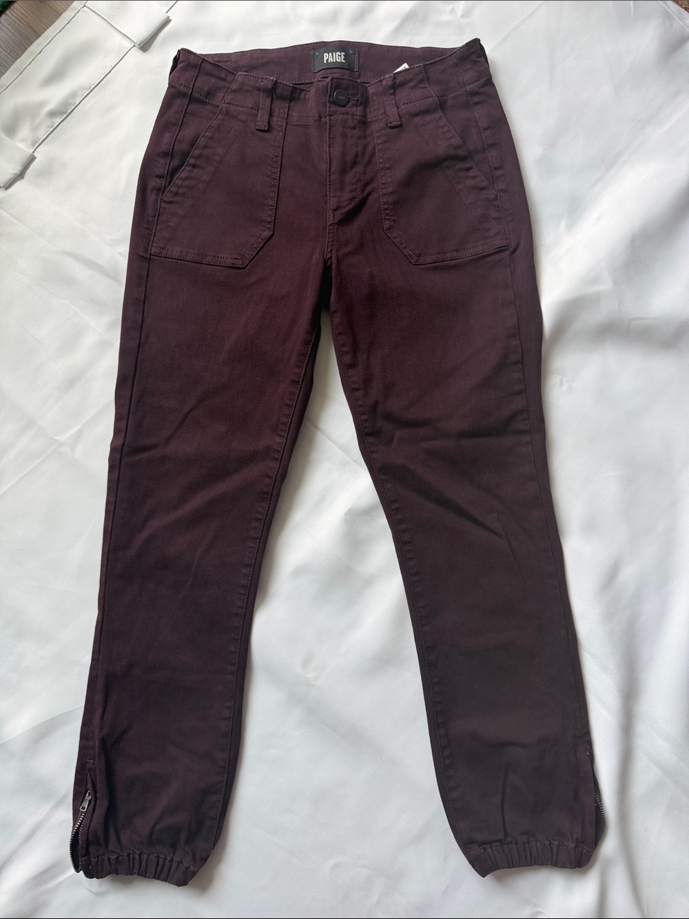 PAIGE WOMENS MAYSLIE JOGGER ZIP ANKLE TWILL PANTS IN BLACK CHERRY!